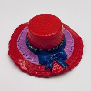 Trinket Box, Ceramic, Red Hat, Purple Ribbon, Pink,  Hinged, Little Hat Trinket